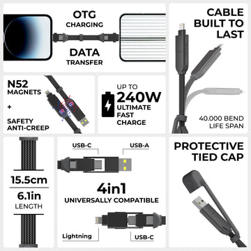 inCharge® XS - 240W, 4in1 keyring cable - Lanzarote Gray - Compact 4-in-1 keyring cable in gray with USB-C, USB-A, and Lightning connectors, featuring 15. - Rolling Square